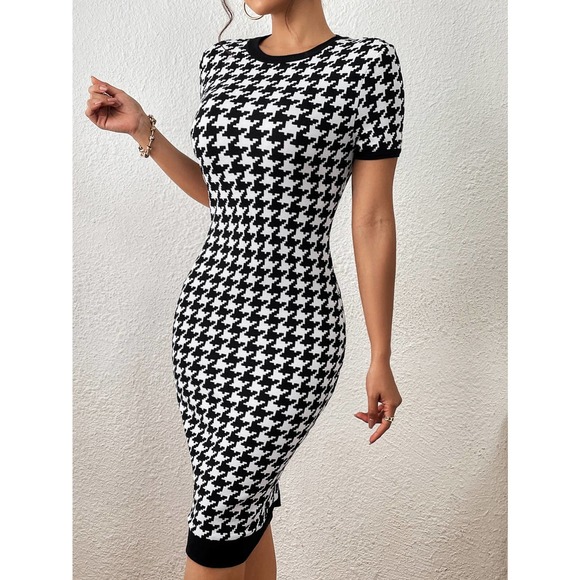 Plazacore Houndstooth Print Contrast Binding Bodycon midi Dress - Picture 5 of 5